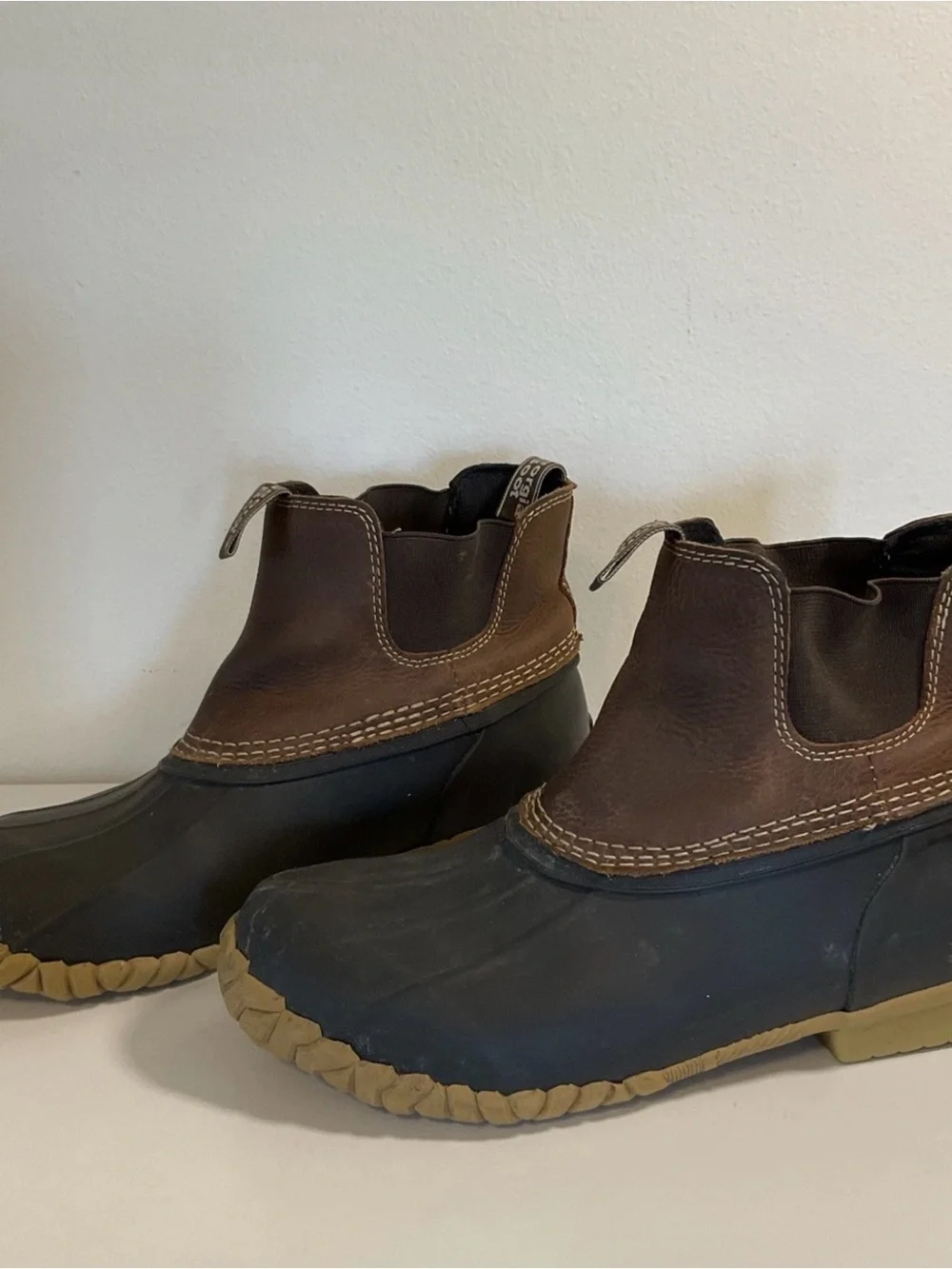 Georgia Boot Brown Leather and Black Rubber Duck Boots with Tan Soles Size 8
